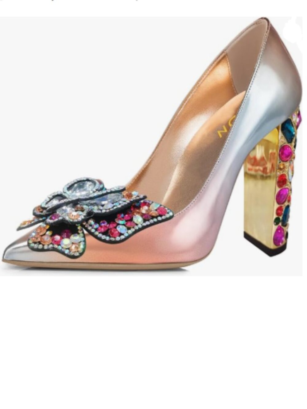 YDN Multi Bow Butterfly Slip on Rhinestone Chunky High Heels Pointed Toe Pump